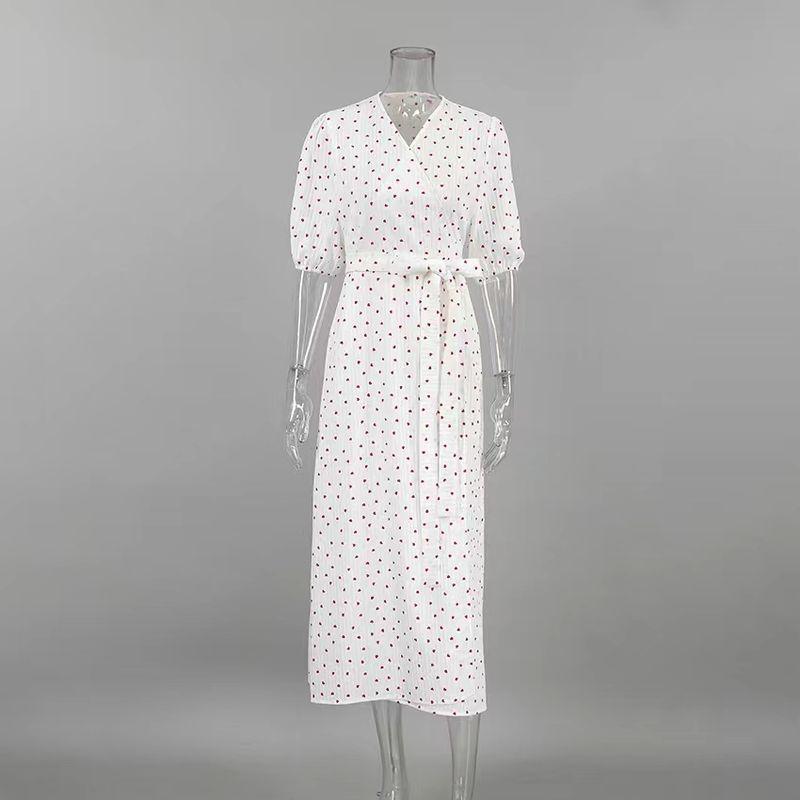 

Fashion Style Convex Jacquard Pure Cotton V-neck Puff Sleeve High Waist Shoelace Dress V-Neck Lace up Dress Heart Print L