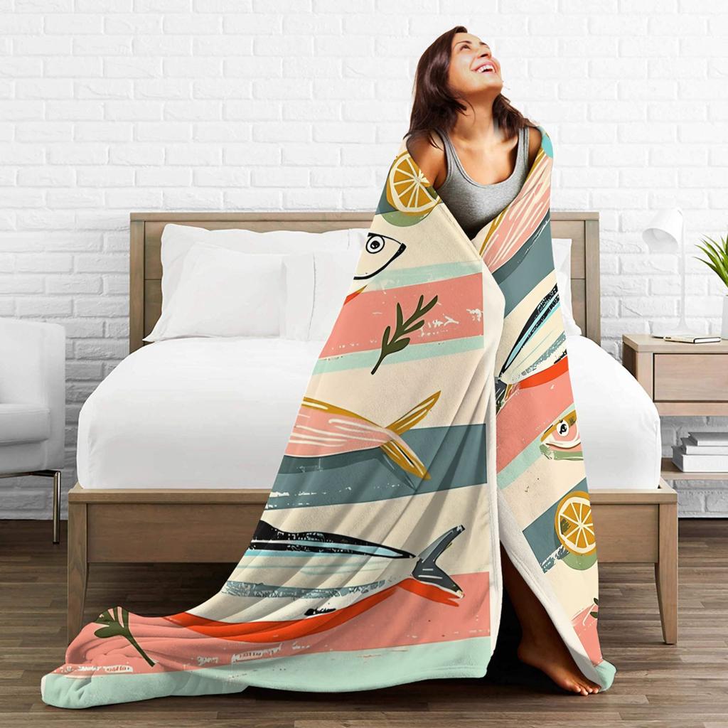 Warm Soft Blanket Child Camping Retro Sardines Throw Blanket Flannel Bedspread For Outdoor Graphic Sofa Bed Cover