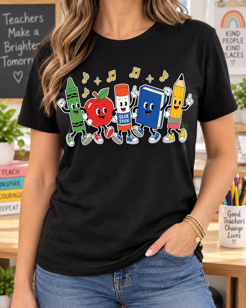 Back to School Shirt, Dancing Supplies Tee, Cute Teacher Gift, Pencil Crayon Apple Book Design, Elementary Classroom Top, First Day Clothing