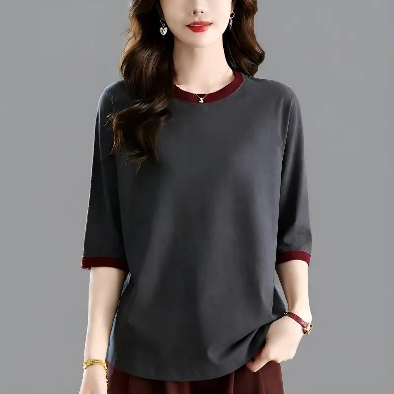 Хлопковая футболка с коротким рукавом для мамы среднего возраста, женская, весенне-летняя, новая, женская, тонкая, свободная, повседневная, с рукавом три четверти M серый