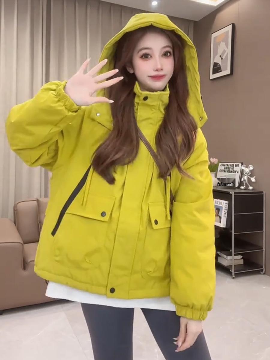 

2024 Women s Korean-Style Fleece-Lined Hooded Windbreaker: New Loose-Fit, Slimming Cotton Jacket for Winter XL жовтий