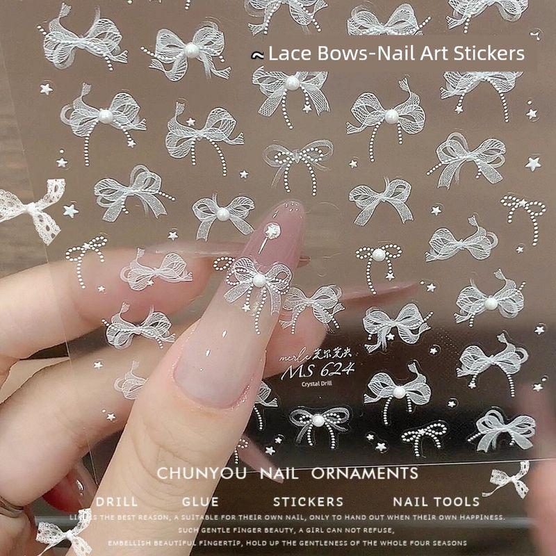 

Lace Strap Three-Dimensional Relief Decorations Nail Stickers MS-624 Lace Bows (Pearl)