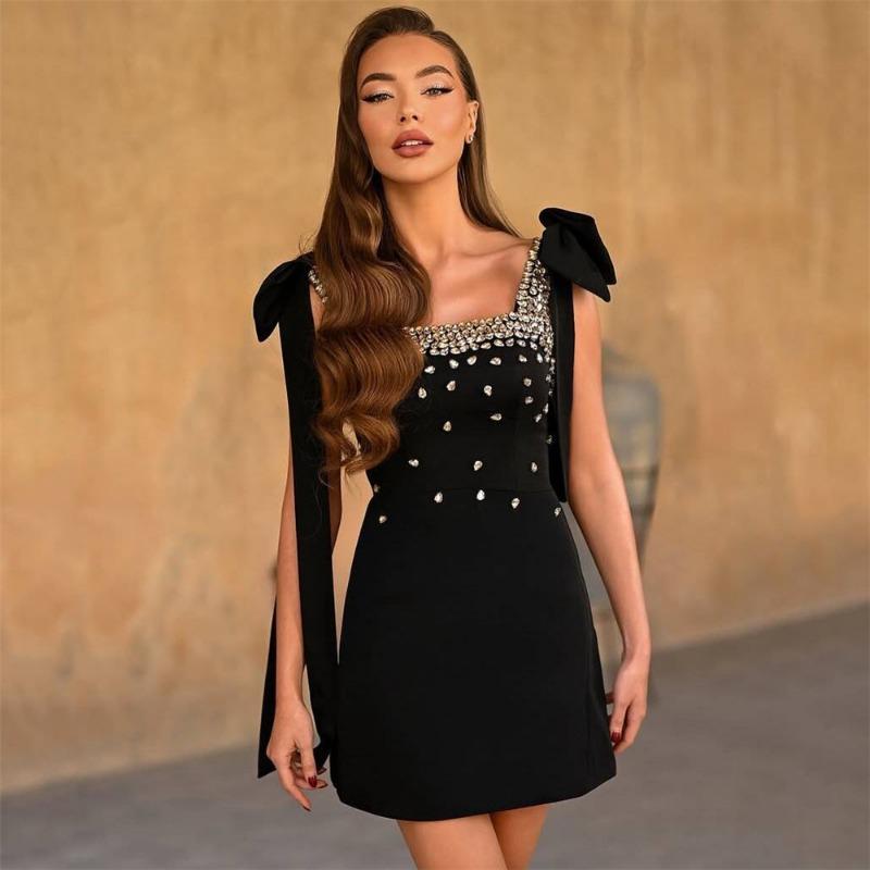 

Heavy industry diamond-encrusted niche design dress, little black dress, temperament bandage dress, new slim party women s clothing S чёрный