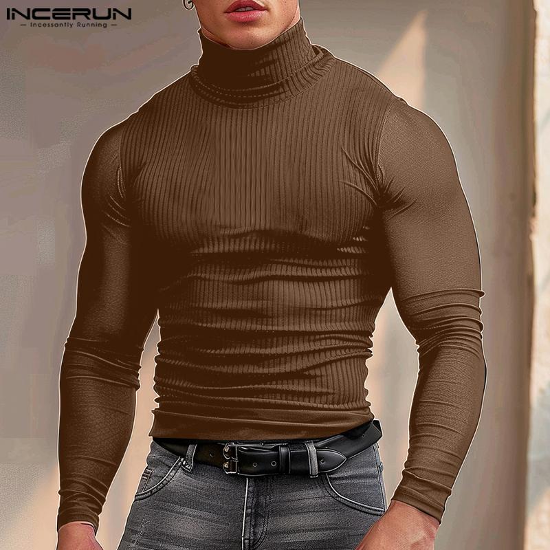 INCERUN Herren Rollkragenpullover aus Mesh mit Patchwork und langen Ärmeln, gestrickt, tailliert