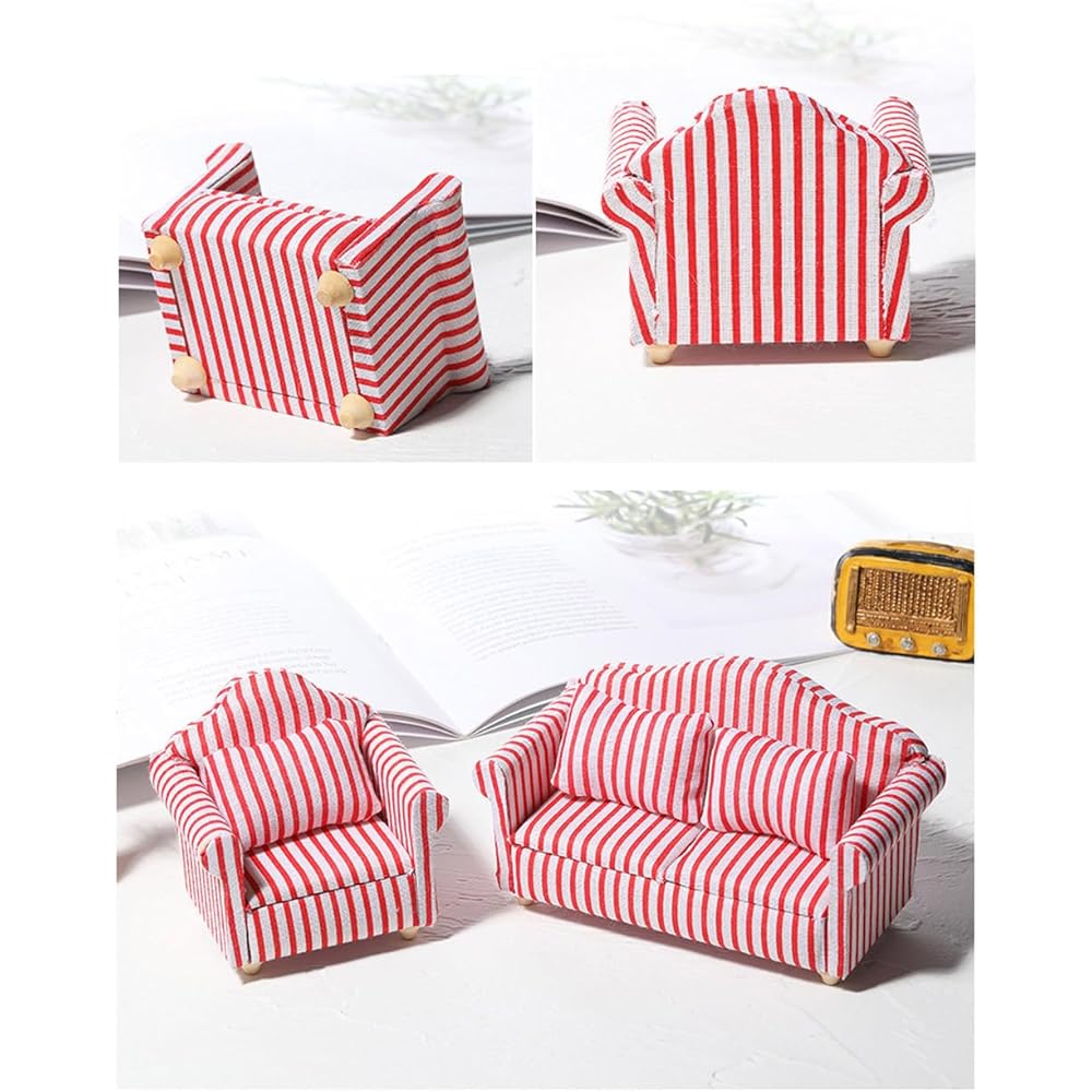 Moin Moin Miniature Furniture Sofa Set 1/12 Scale 3 Pieces White Red Striped Fabric Dollhouse