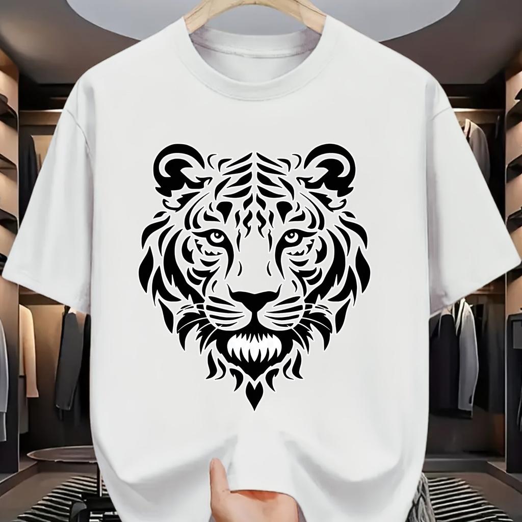 Tribal Tiger Head Graphic Tee Men Summer Casual Short Sleeve Print Crew Neck Cotton TShirt