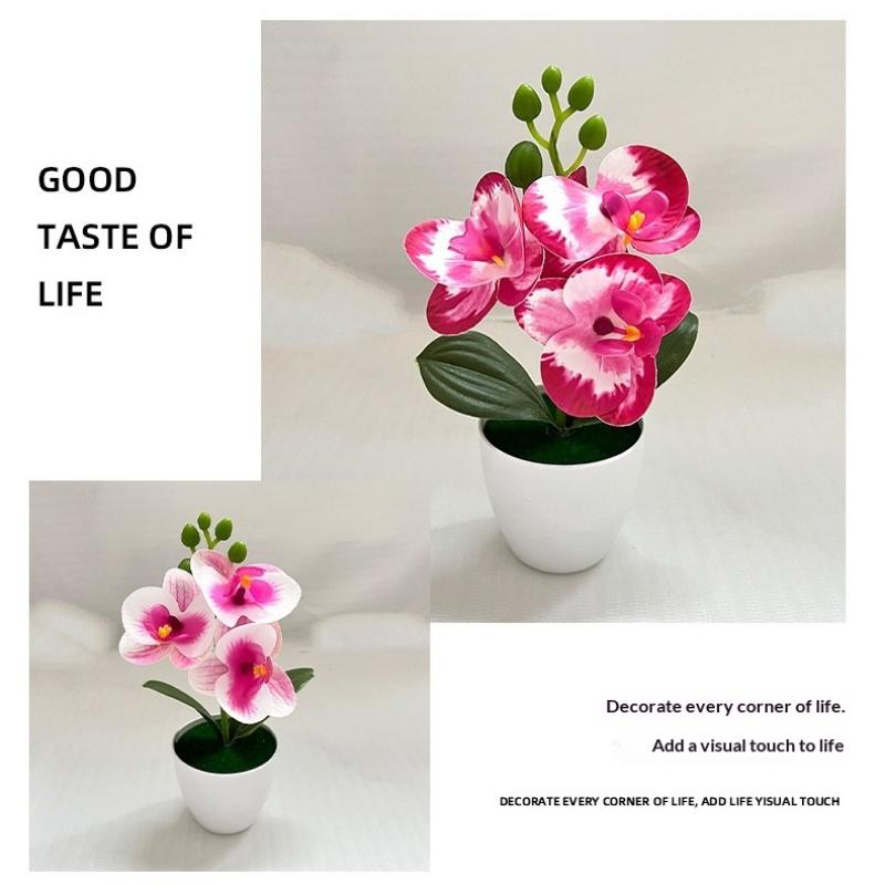 Artificial Orchid Potted Plant 3 Heads Mini Phalaenopsis Fake Flower Plastic Desktop Ornament Home Living Room Decoration