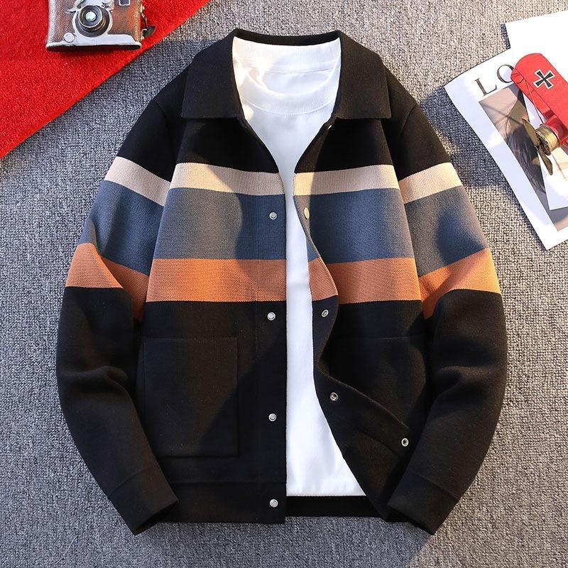 

New Style Lapel Sweater Jacket For Men Autumn And Winter Trendy Cardigan With Contrasting Color Splicing Casual Knitwear M оранжевый