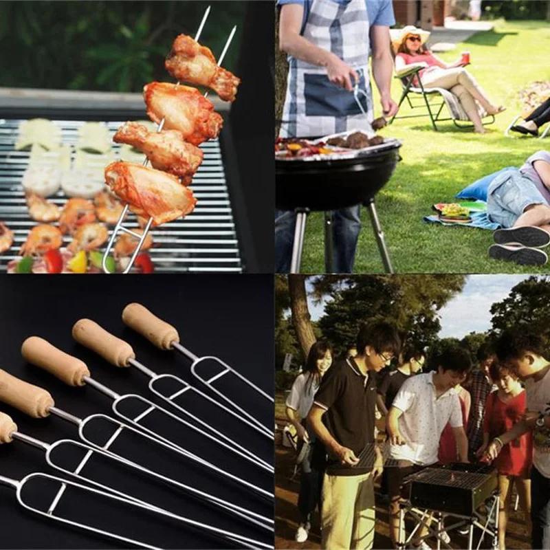 39cm 6pcs BBQ Skewers Long Wooden Handle Kebab Barbecue Grill Stick Wood BBQ Fork Stainless Steel Outdoors Grill Needle
