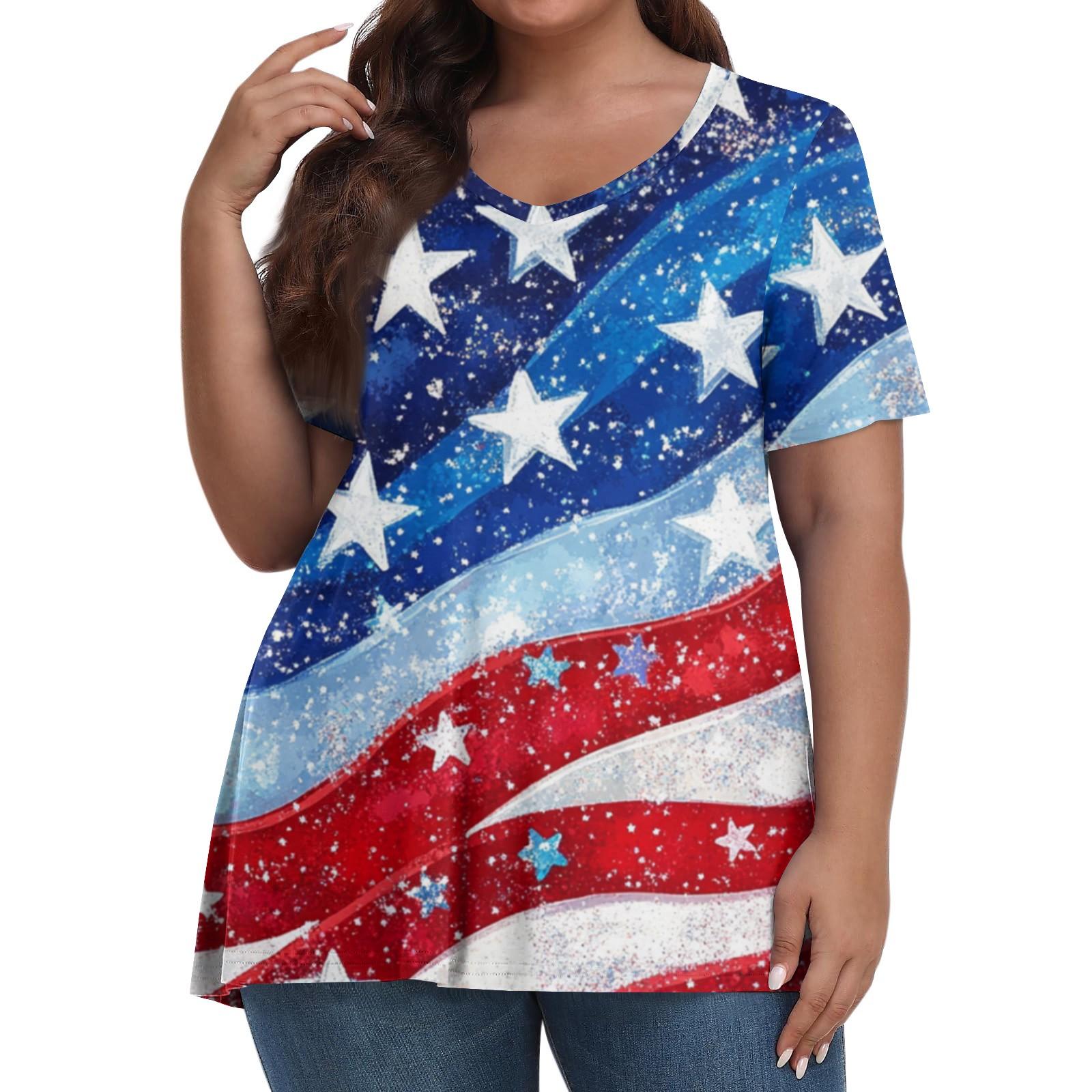 

Женская мода повседневная футболка с V-образным вырезом и коротким рукавом большого размера с принтом «День независимости» XXXXXL синий