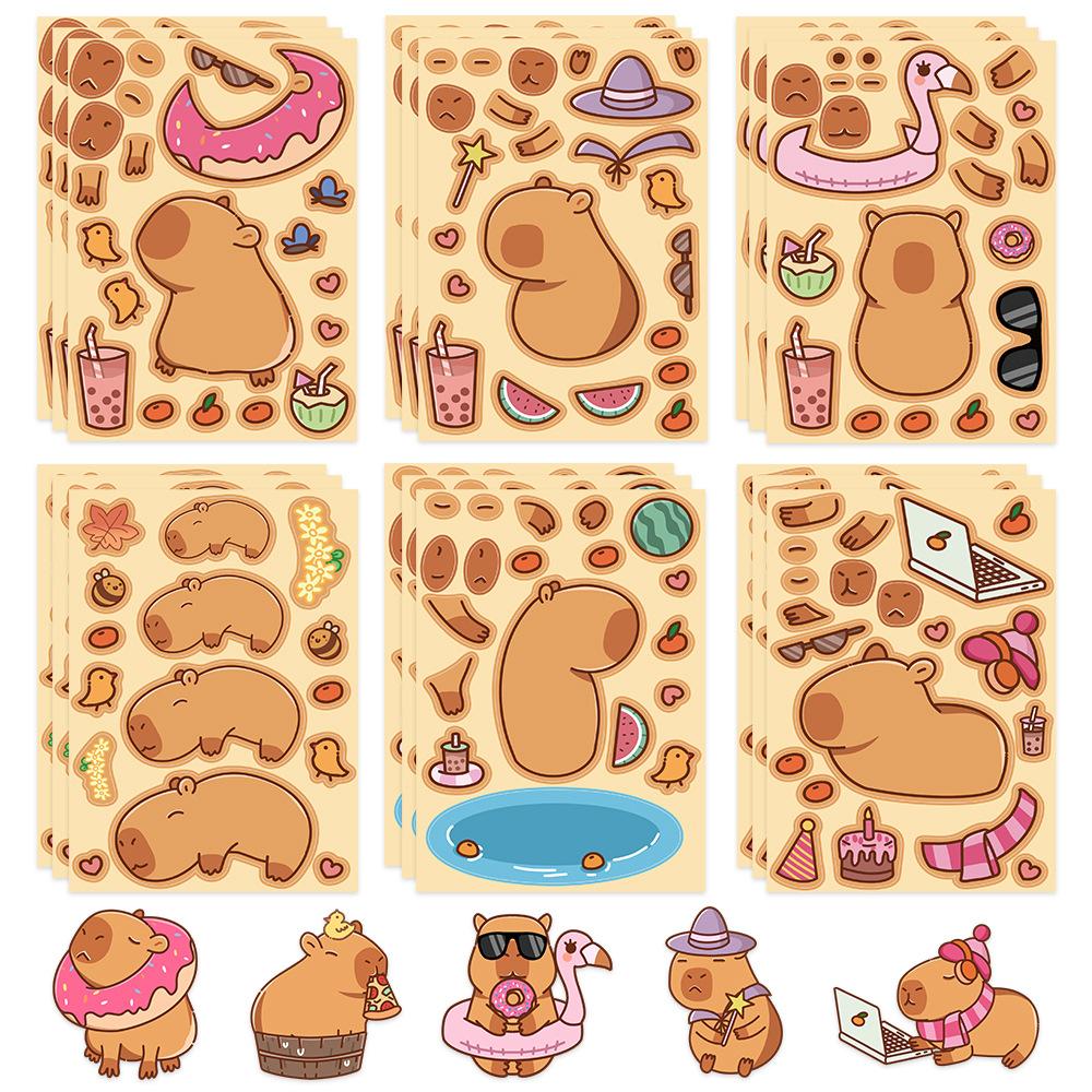 8Sheets Cute Capybara Puzzle Stickers Make-A-Face Assemble Funny Cartoon Decal Assemble Diy Jigsaw Children Boys Toys