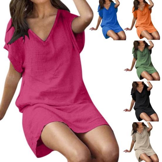 V-neck Straight Loose Mini Dress Solid Color Short Sleeve Lady Dress Streetwear