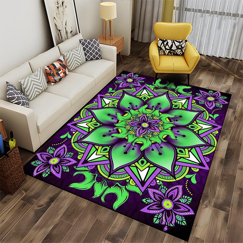 Colorful Mandala Pattern Carpet, Green and Purple Floral Design Rug Suitable for Use As an Anti-slip for Living Room Bedroom Sofas