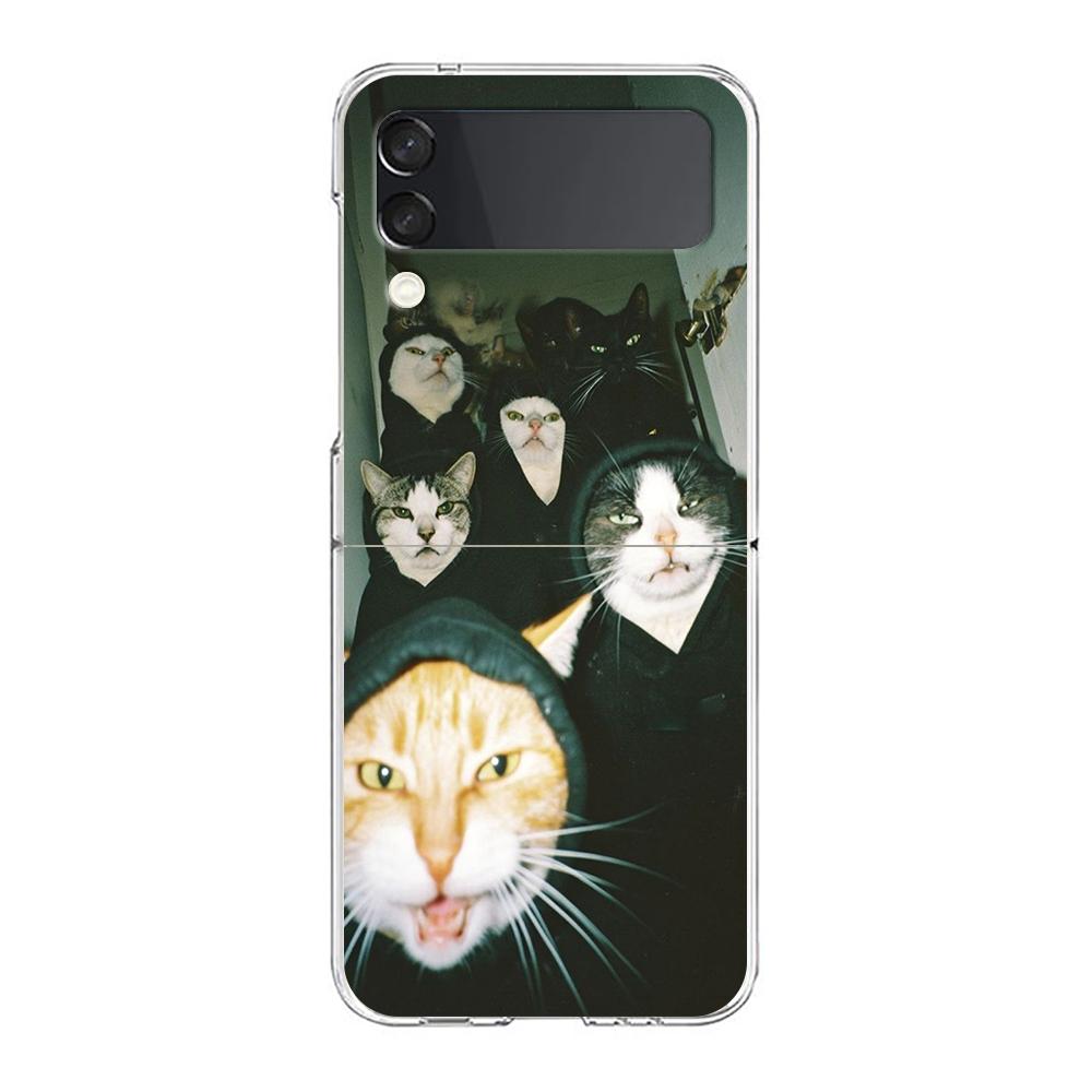 Transparent Phone Case For Samsung Galaxy Z Flip 3 4 5 6 7 Hard Folding PC Z Flip3 Flip4 Cover Funny Cartoon Korean Cat Couple