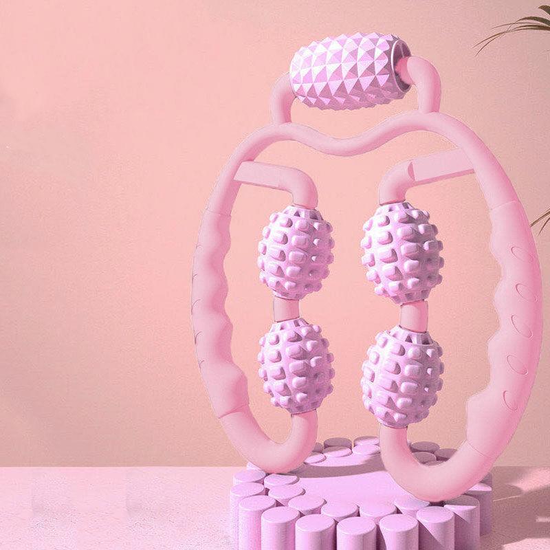 

U-образный массажный ролик с триггерной точкой для рук, ног, шеи, мышечной ткани для фитнеса, тренажерного зала, йоги, пилатеса, спортивных 5 колес очистить розовый