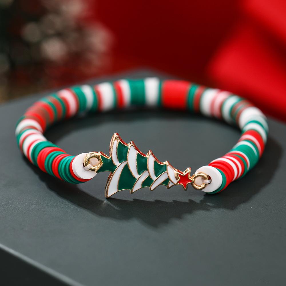 European and American Christmas soft pottery bracelet, new Christmas alloy accessories red, green and white soft pottery elastic rope bracelet