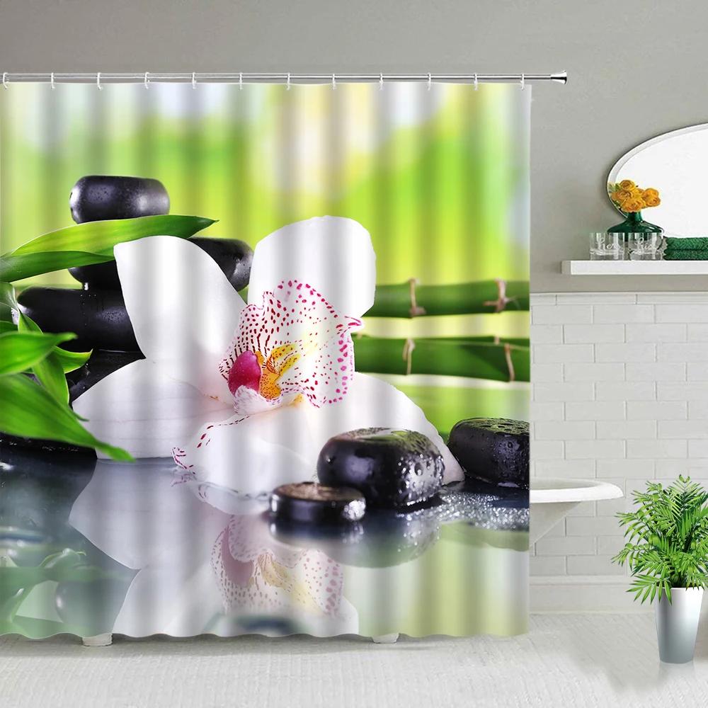 Zen Stone Buddha Flowers Scenery Shower Curtains Creativity Art Bathroom Bath Curtain With Hooks Waterproof Fabric Bathtub Decor