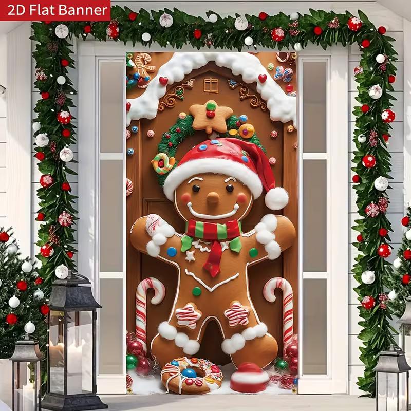 

2D Cute Gingerbread Man Door Cover, Christmas Candy Cane Party Decor 47.2x31.5inch/120*80cm