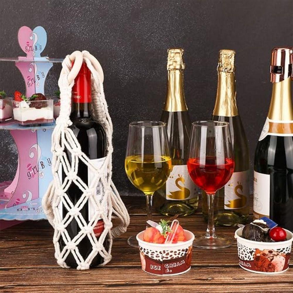 Bohemian Hanging Bottle Net Bag Hand-woven Hollow Out Knitting Water Bottle Holder Decorative Cotton Rope