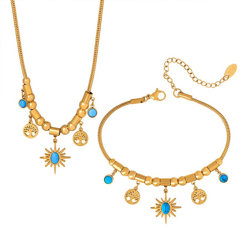 Fashion Commuting Jewelry Set: Little Sun Tree Pendant, Turquoise Design Bracelet & Necklace In Titanium Steel