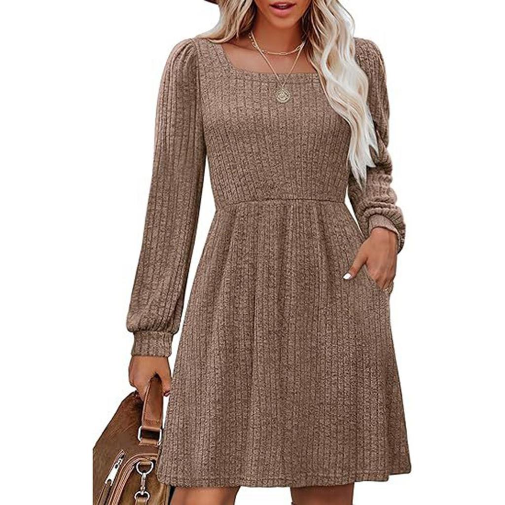 Damen-Kleid mit eckigem Ausschnitt und langen Ärmeln, lässig, süß, Strickkleid mit Taschen