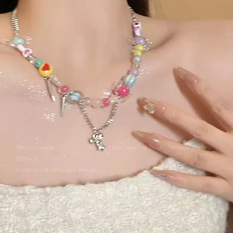 Private summer drop rainbow candy dopamine necklace female niche accessories Internet celebrity sweet cool babes collarbone chain trend