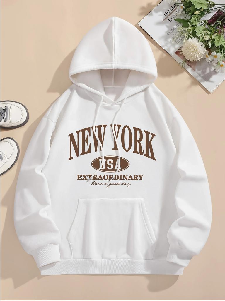New York Buchstabenaufdruck 2025 Herbst Winter Hoodie Kordelzug Langarm Lässiges Kapuzensweatshirt für Damenbekleidung