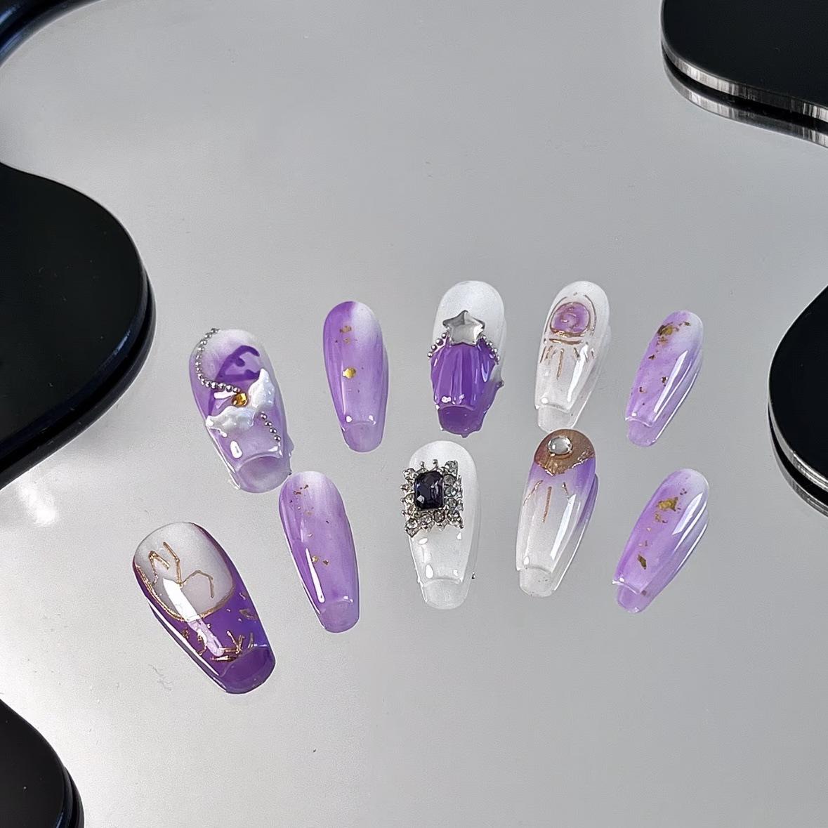 

2025 Ombre Purple Cat Eye Gilded Long Press-On Nails