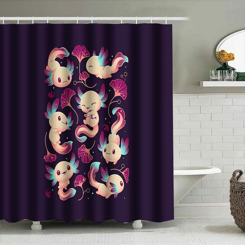 Cute Axolotl Shower Curtain Kawaii Anime Bath Decor Funny Salamander Backdrop Unique Home Textile Vibrant Colors Soft Fabric Wat