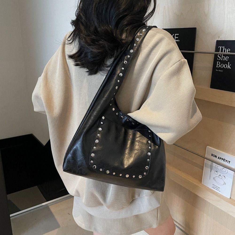 Trend Y2K Retro Rivet Shoulder Bag Oil Wax Leather Multi-pocket Vintage Underarm Bag Fashion Spicy Girl Motorcycle Bag Girls