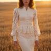 Cross-border European and American Women's Clothing  Stand-up Collar Button Lantern Sleeve Lace Court Style Top Fishtail Long Skirt Set