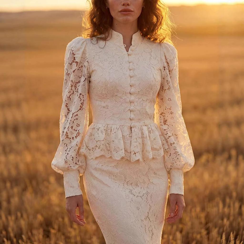 Cross-border European and American Women's Clothing Stand-up Collar Button Lantern Sleeve Lace Court Style Top Fishtail Long Skirt Set