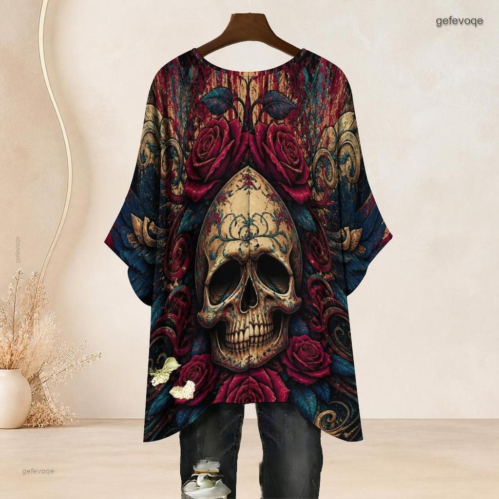 Damen Übergröße Rundhals Fledermausärmel Locker Totenkopf Aufdruck Oberteil Schwarz Lila Rosa Seitenschlitz Saum