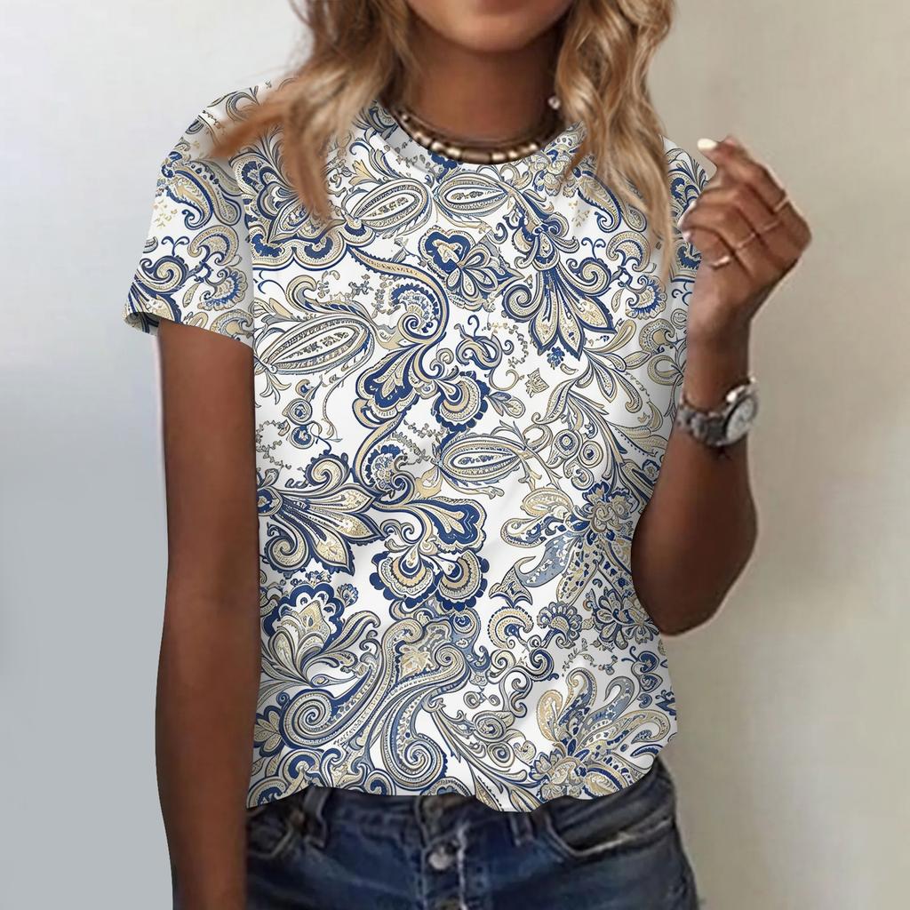 Women's Casual Loose Fit Short Sleeve Top Floral Paisley Print Lightweight Summer Blouse Comfortable Daily Wear