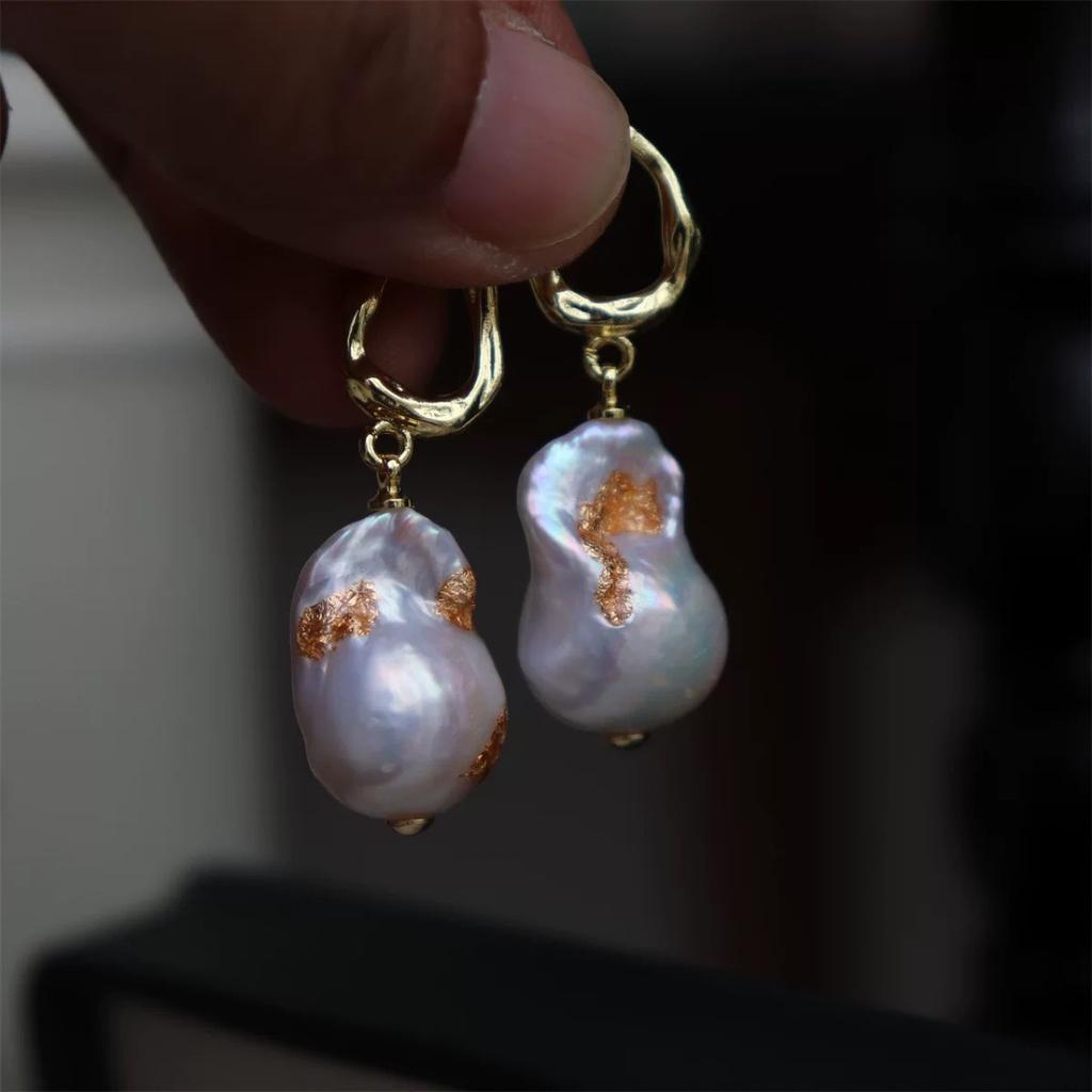 Trendy design simple retro court style hand foil freshwater baroque pearl 925 silver needle earrings stud earrings