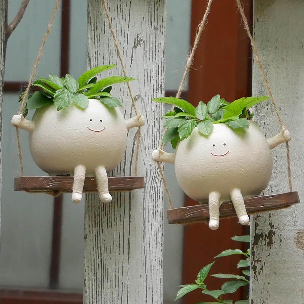 Resin Cartoon Swing Wall Hanging Flowerpot - Creative Head Planter for Home Garden Patio Decor, Multifunctional Outdoor Planters