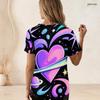 Women Plus Size Short Sleeve U Neck T Shirt Galactic Heart Planet Star Vibrant Purple Pink Cartoon Print Top
