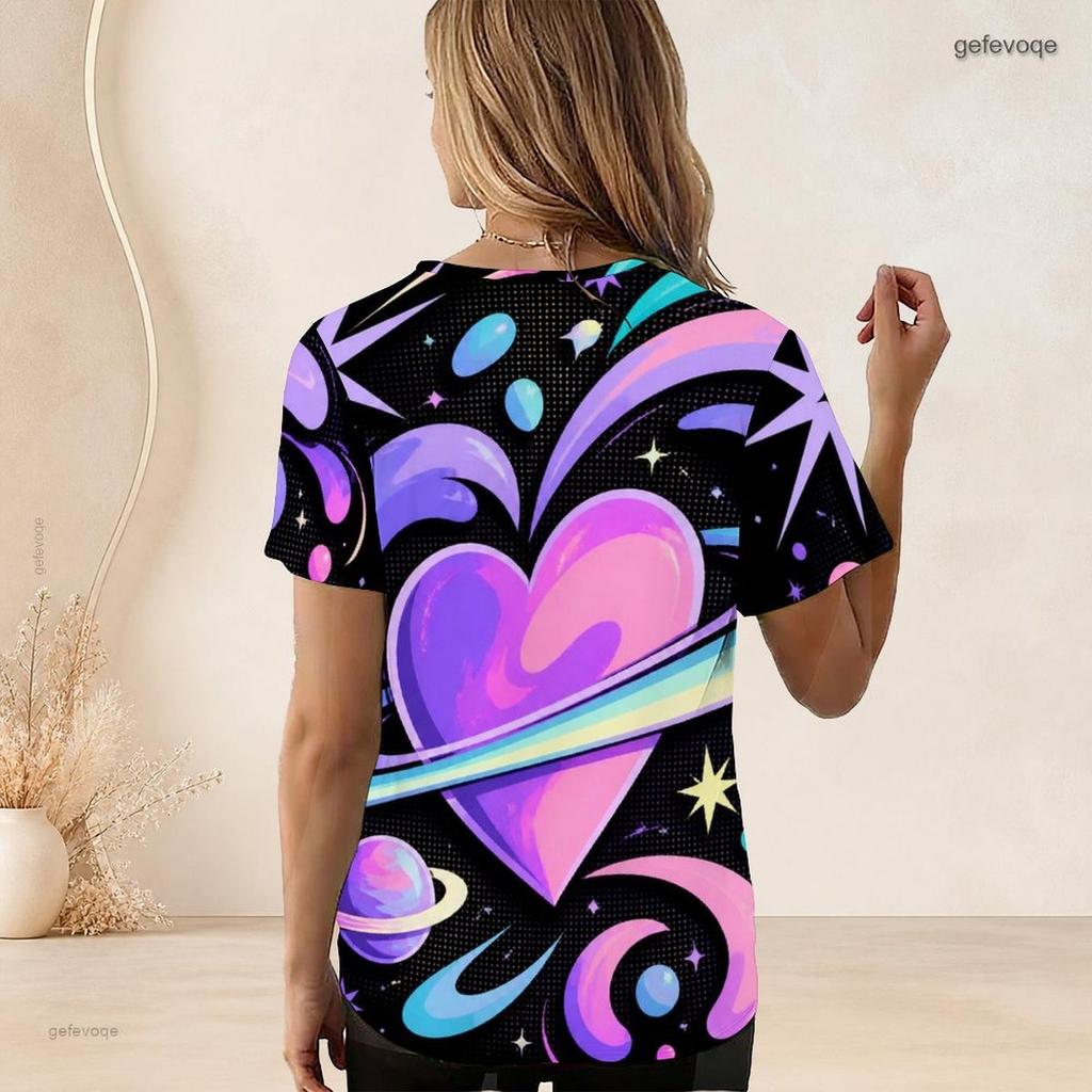 Women Plus Size Short Sleeve U Neck T Shirt Galactic Heart Planet Star Vibrant Purple Pink Cartoon Print Top
