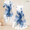 Women Plus Size Two Piece Set Blue Beige White Printed Short Sleeve Cardigan V Neck Strappy Flared Dress