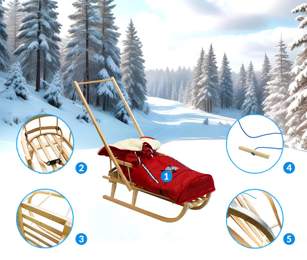 Wooden Sled For Children With Backrest, Pusher And Sleeping Bag, Solid Polish