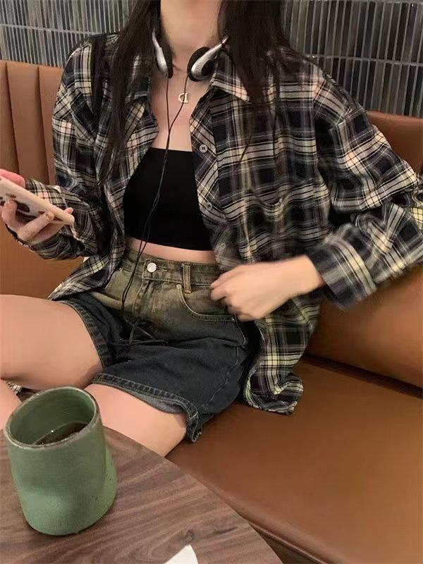 

Korean Chic Yellow & Black Plaid Women s Loose Mid-Length Sun Protection Shirt L синий