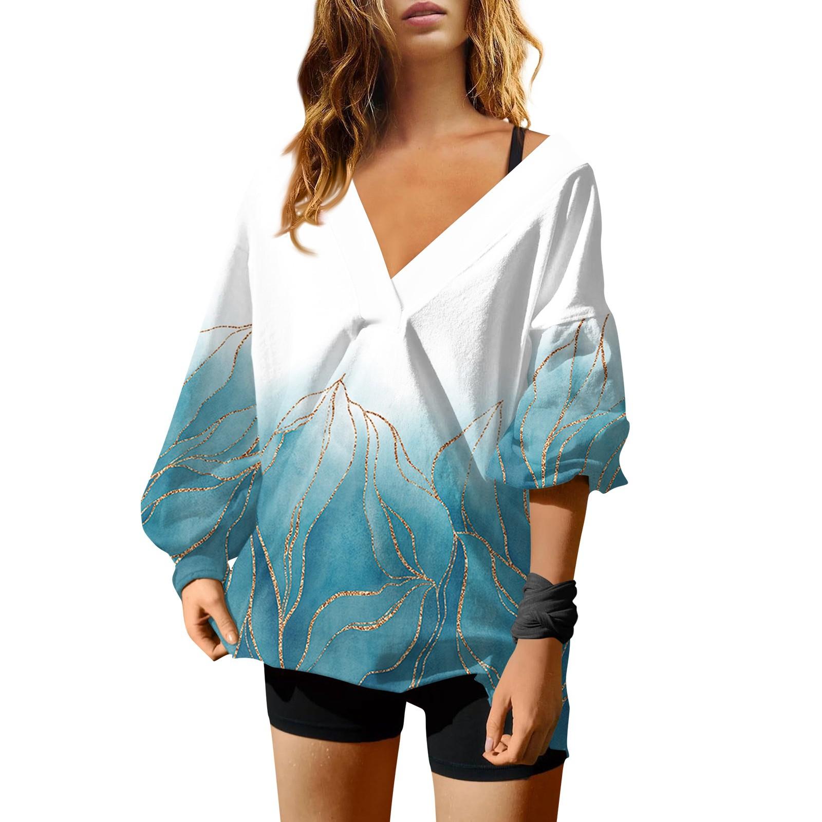 Женская мода V-образный вырез длинный рукав принтованный свободный пуловер свитшот топ — фото 7