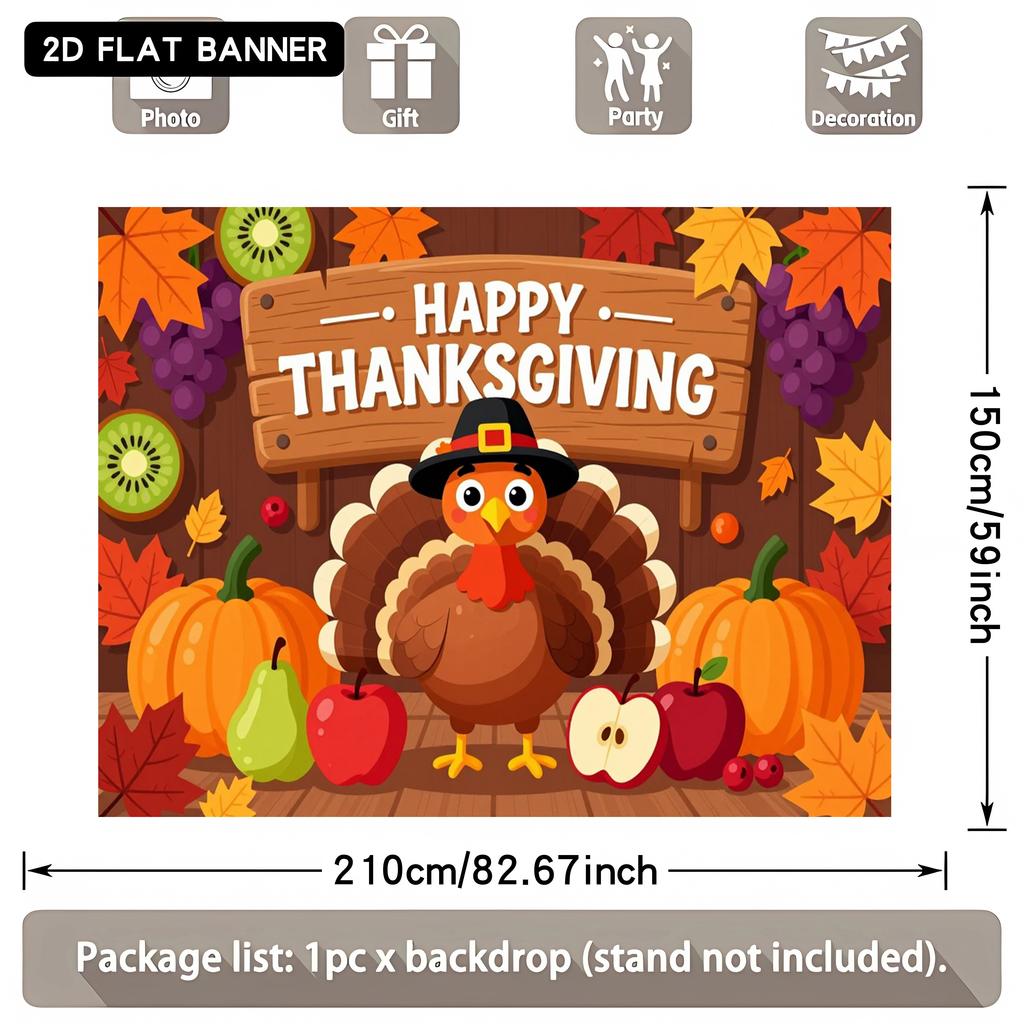 2D Flat Banner 1 Piece - Thanksgiving Autumn Party Background Fabric, Turkey Pumpkin Autumn Harvest Fruitszyc