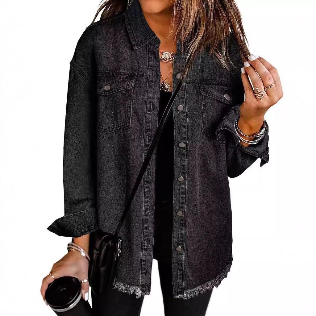Women's Frayed Hem Denim Shirt Jacket - European & American Street Style for Autumn/Winter.
