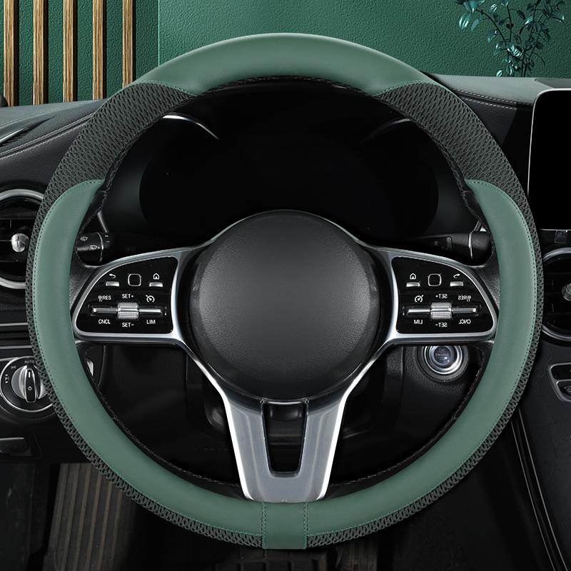 Car Steering Wheel Cover Premium Leather Stitched with Breathable Mesh Fabric FIt for 14.5-15 Inch All Seasons Universal