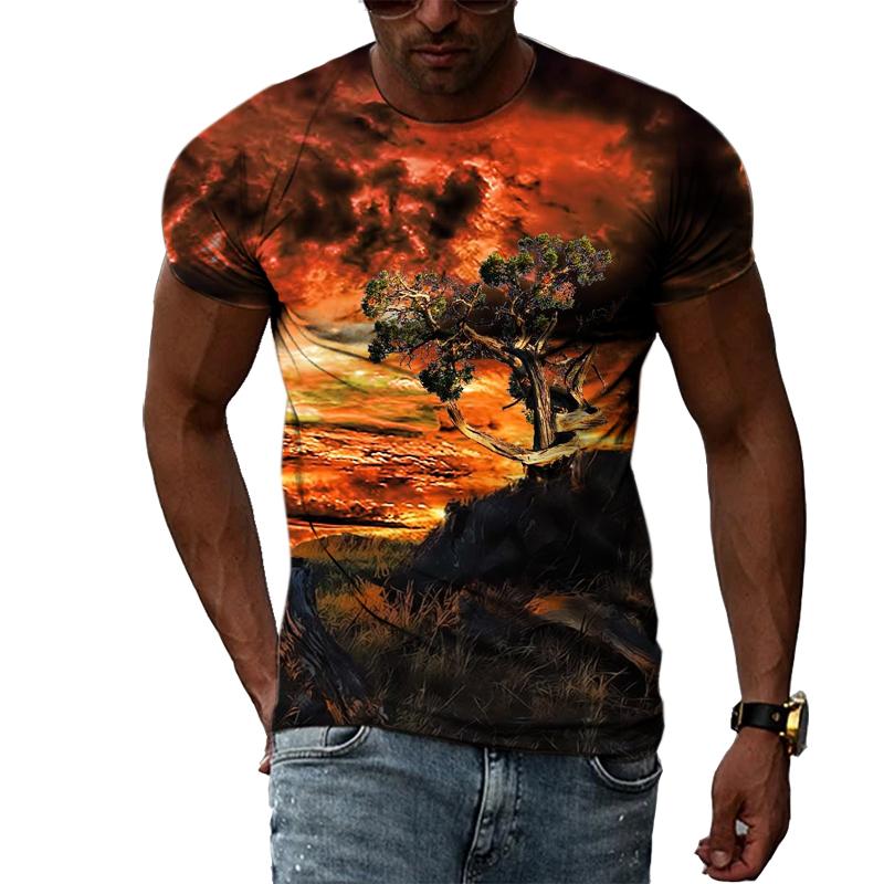 Summer Landscape Pattern T-shirts Casual Personality Hip-hop Trend Round Neck Tees Fashion Men's Street Cool Short-sleeve Top
