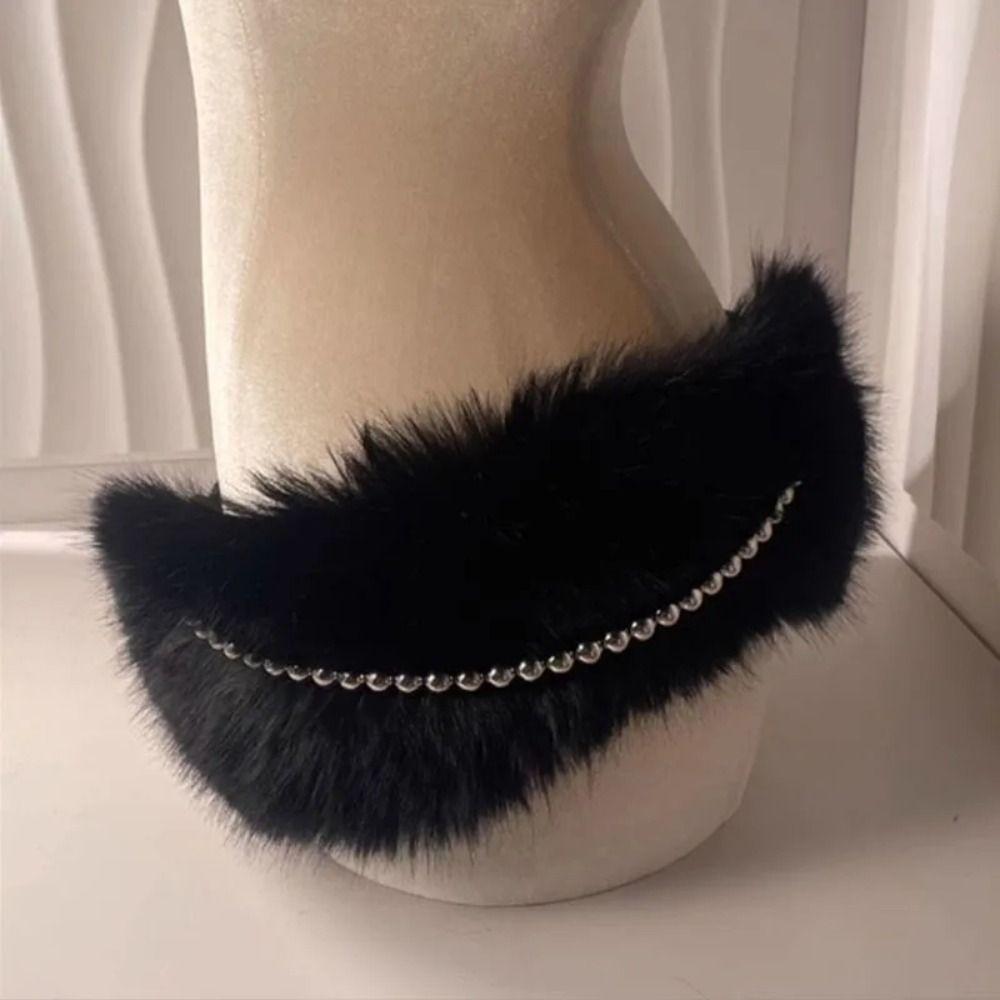 Y2K Faux Fur Belts Women Fashion Plush Waist Chain Retro Metal Bead Chain Belts  for Club Party