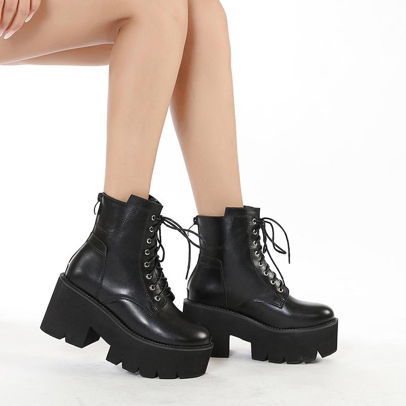 Trend Martin Boots High Heel Platform Front Lace-Up Round Head Locomotive Boots Black Rear Zipper Medium Boots Women's Boots