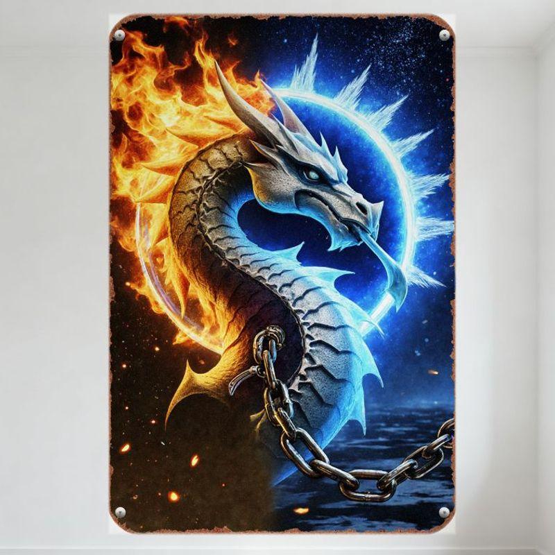 Mityczny Dwukolorowy Smok z Ognistymi Płomieniami Metalowy Znak Blaszany, Zwinięty Wokół Świecącego Niebieskiego Portalu, Tło Ciemnego Gwiezdnego Nieba z Żarzącymi się Węglikami,