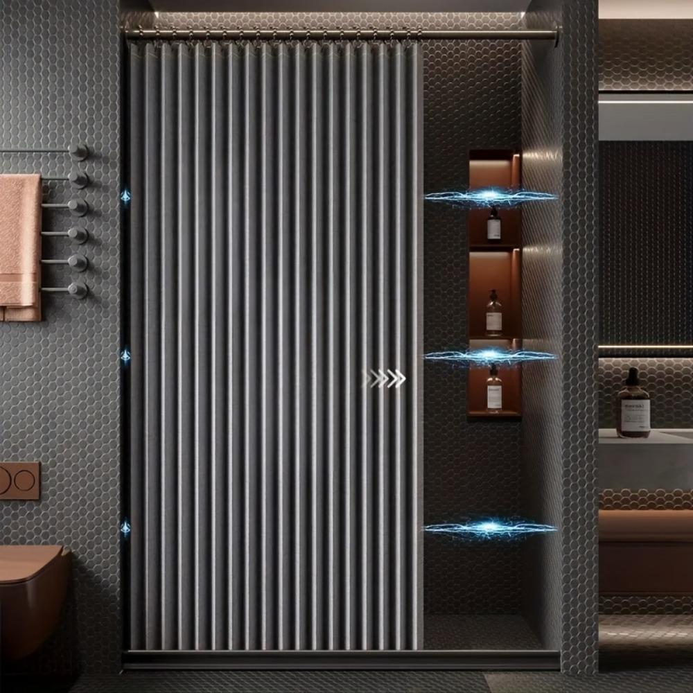 Gray Foldable High-Temperature Resistant Polyester Bathroom Partition Curtain with Hole Hook - Wave Style, Machine Washable,Bathroom Decor